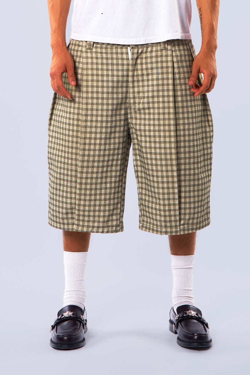 Canvas Green Pleated Plaid Denim Shorts