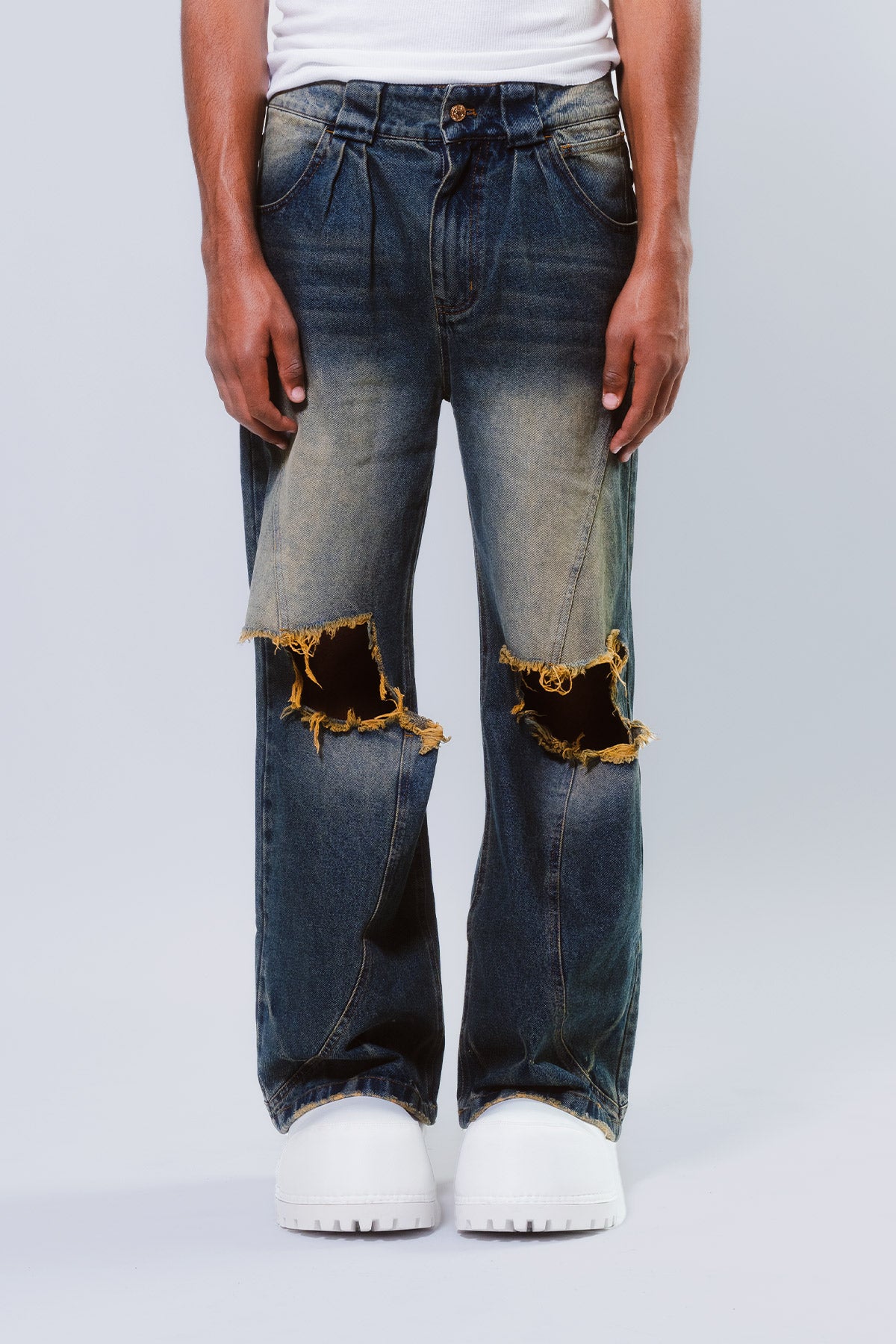 デニム・ジーパン HUECLOSET Black Sand Washing Denim Pants Creased Washed Wide Denim Pants – A$APMODE