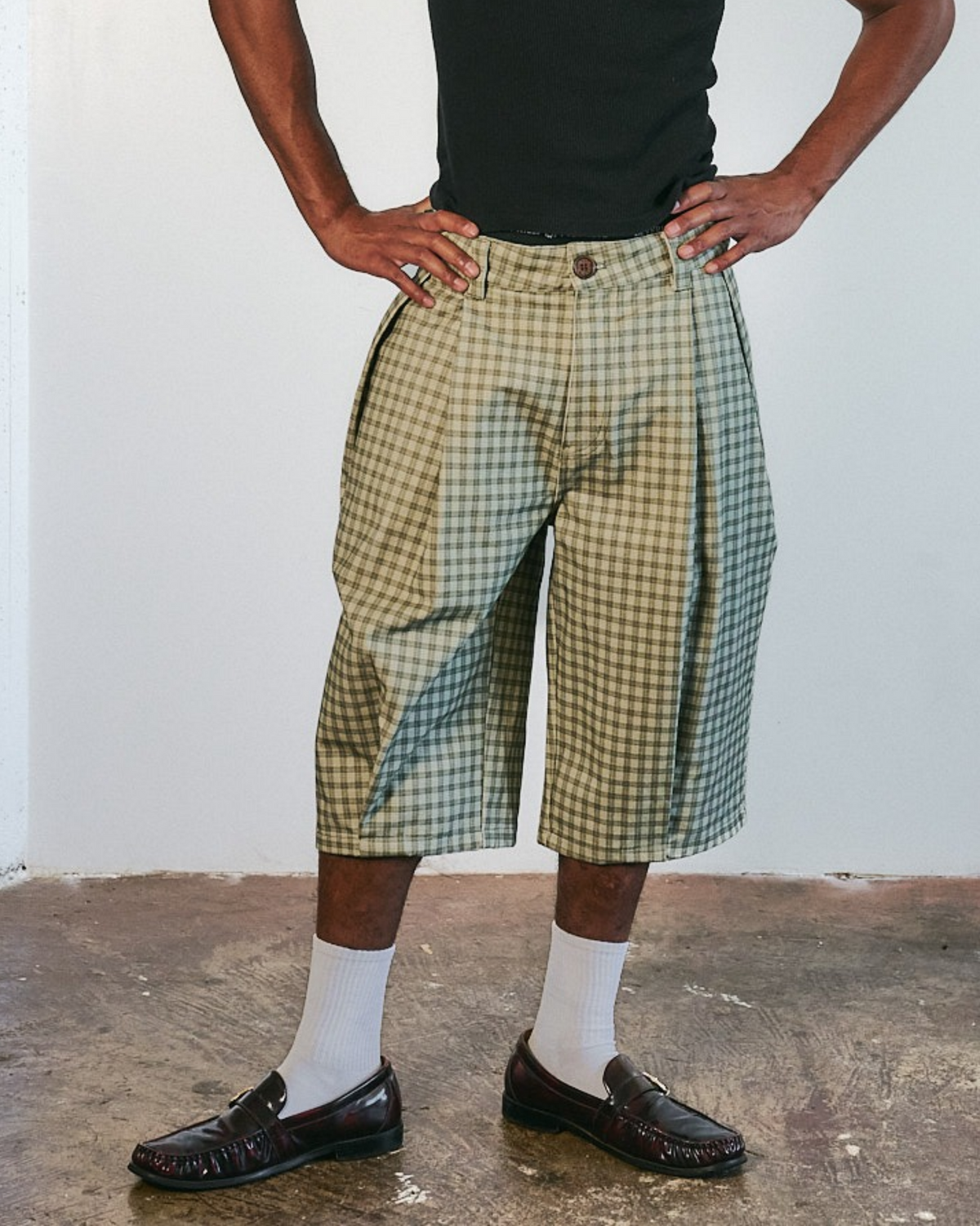 Canvas Green Pleated Plaid Denim Shorts