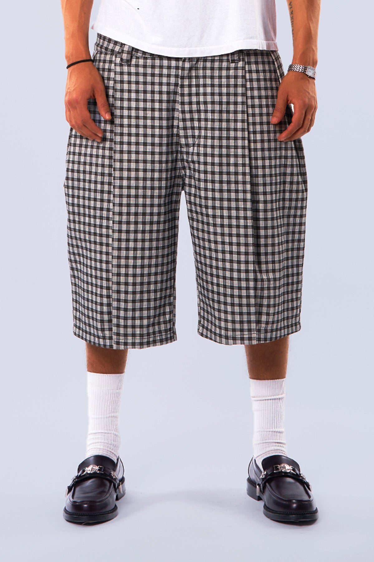 Midnight Canvas Pleated Plaid Denim Shorts – Neaux Doubt