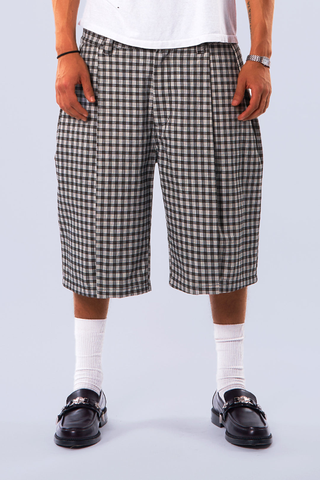 black-plaid-short-front-