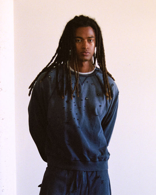 Navy Sun Faded Distressed Raglan Crewneck