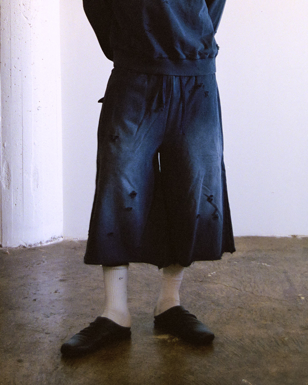 Navy Sun Faded Distressed Sweat Shorts