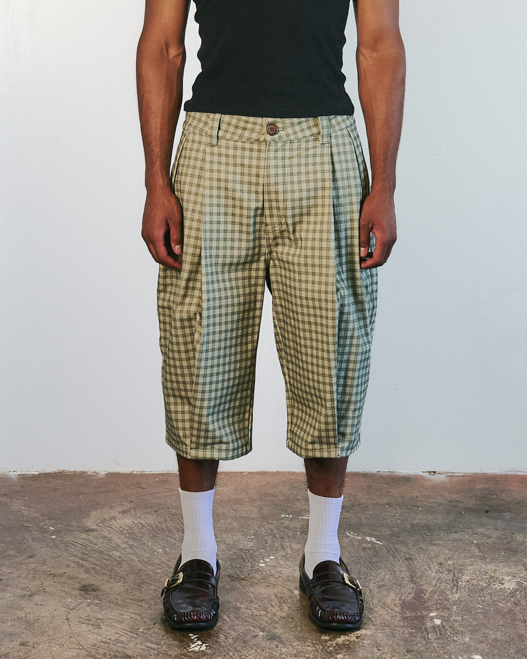 Canvas Green Pleated Plaid Denim Shorts