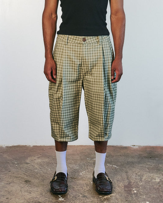 Canvas Green Pleated Plaid Denim Shorts