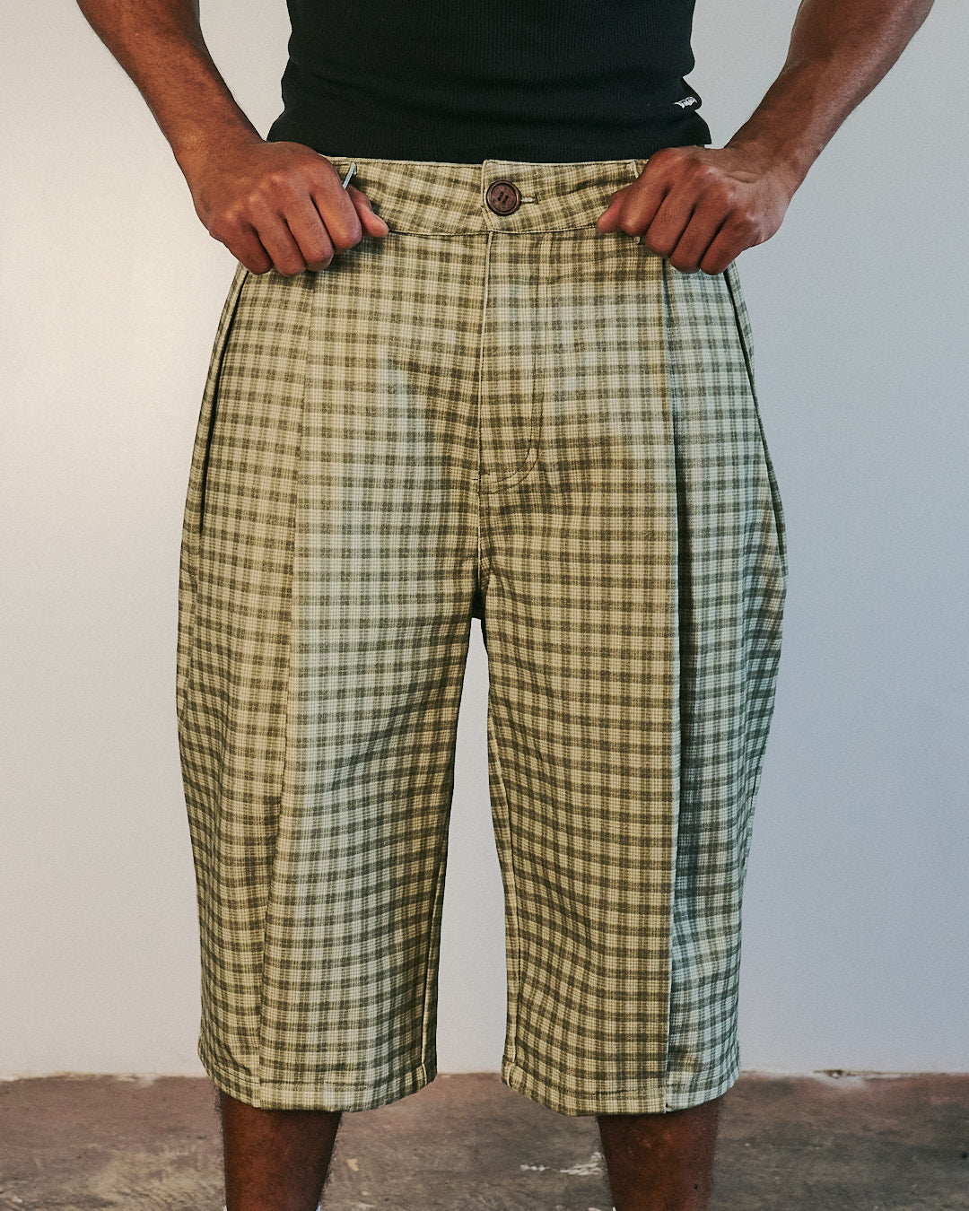 Canvas Green Pleated Plaid Denim Shorts