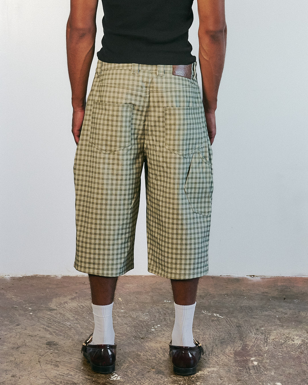 Canvas Green Pleated Plaid Denim Shorts
