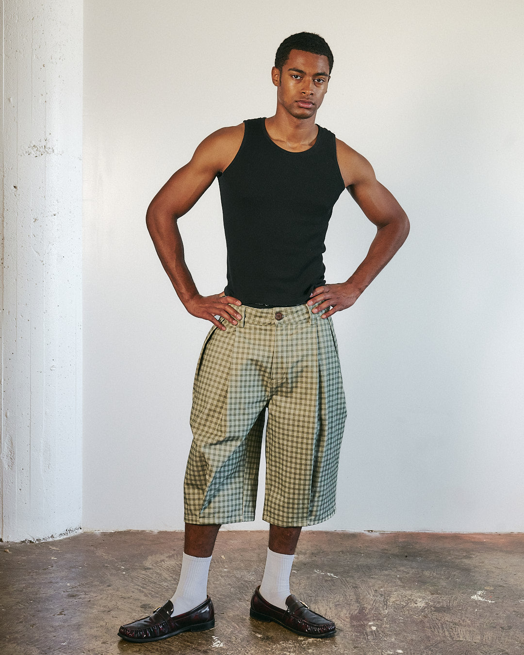 Canvas Green Pleated Plaid Denim Shorts