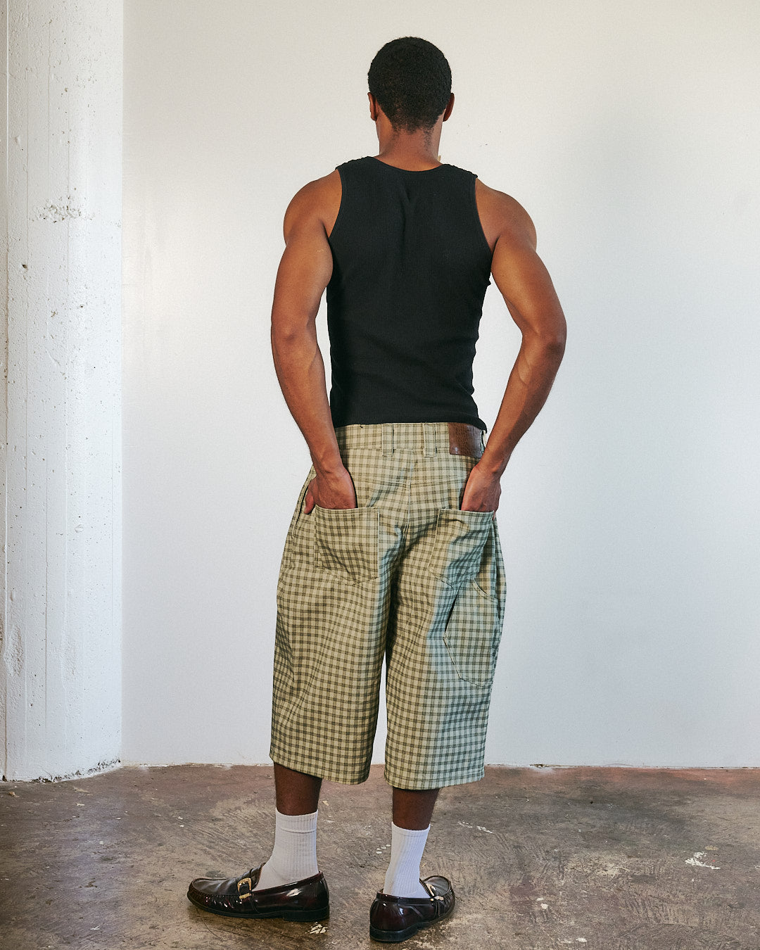 Canvas Green Pleated Plaid Denim Shorts