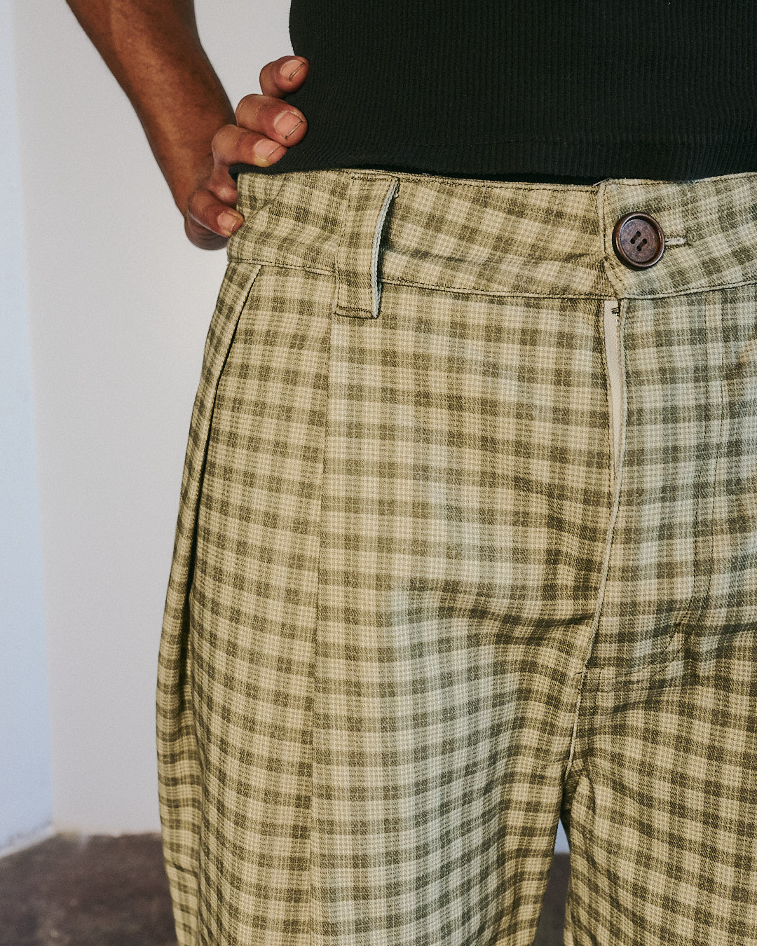 Canvas Green Pleated Plaid Denim Shorts