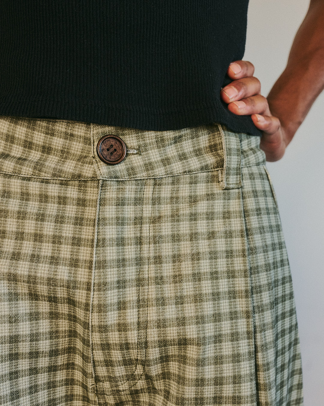 Canvas Green Pleated Plaid Denim Shorts