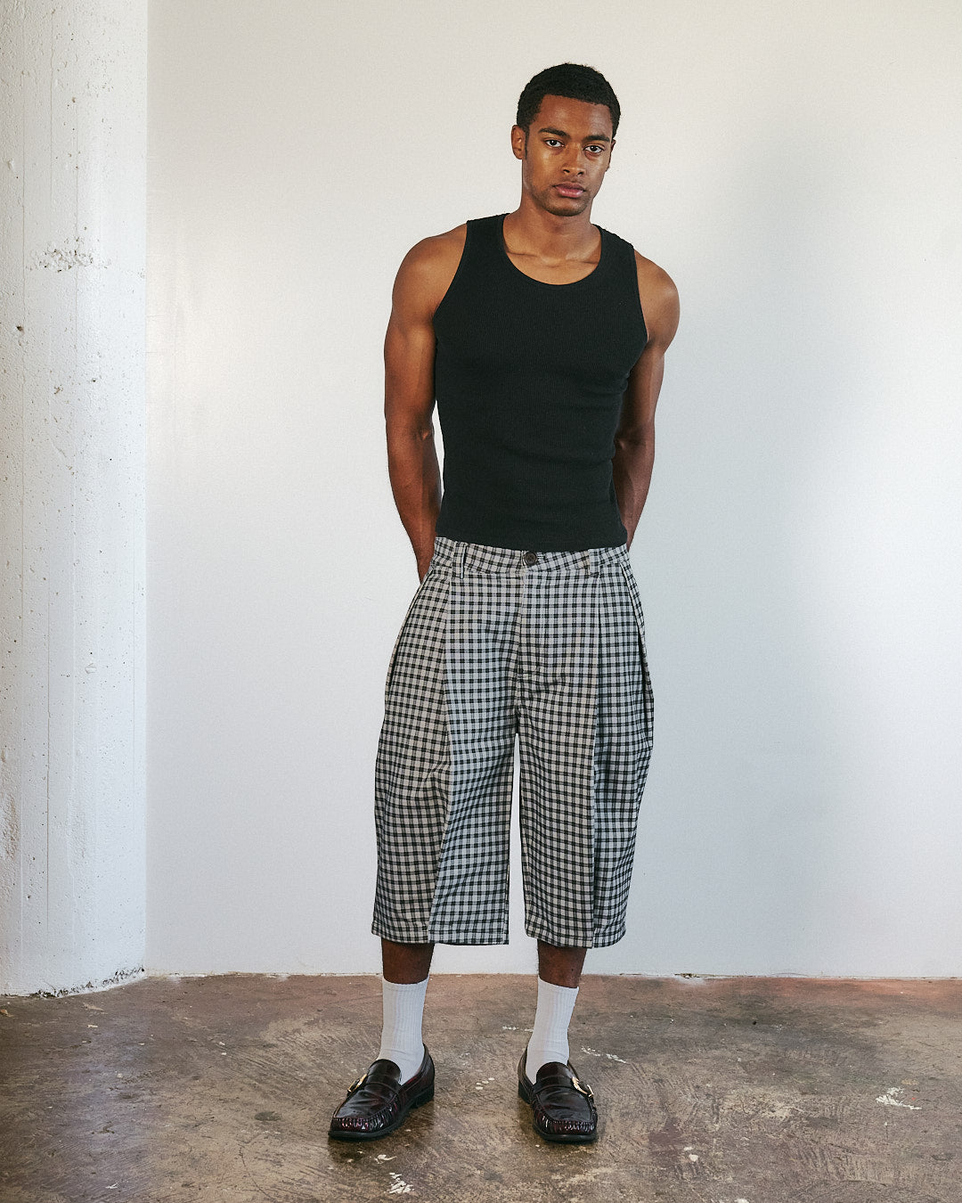 Midnight Canvas Pleated Plaid Denim Shorts