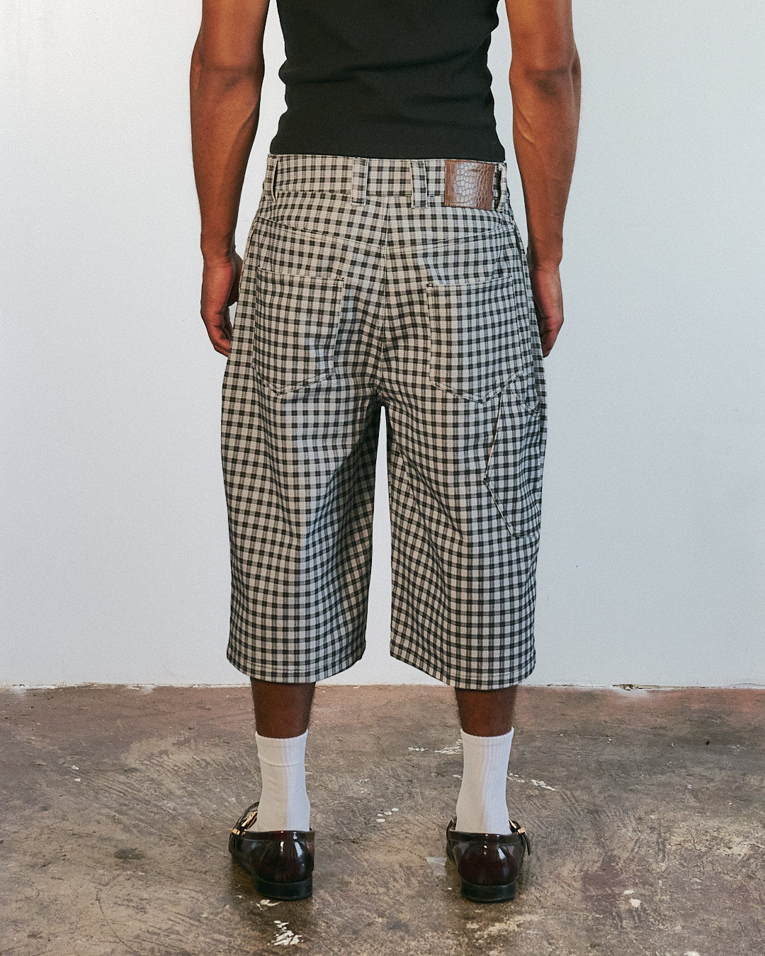 Midnight Canvas Pleated Plaid Denim Shorts