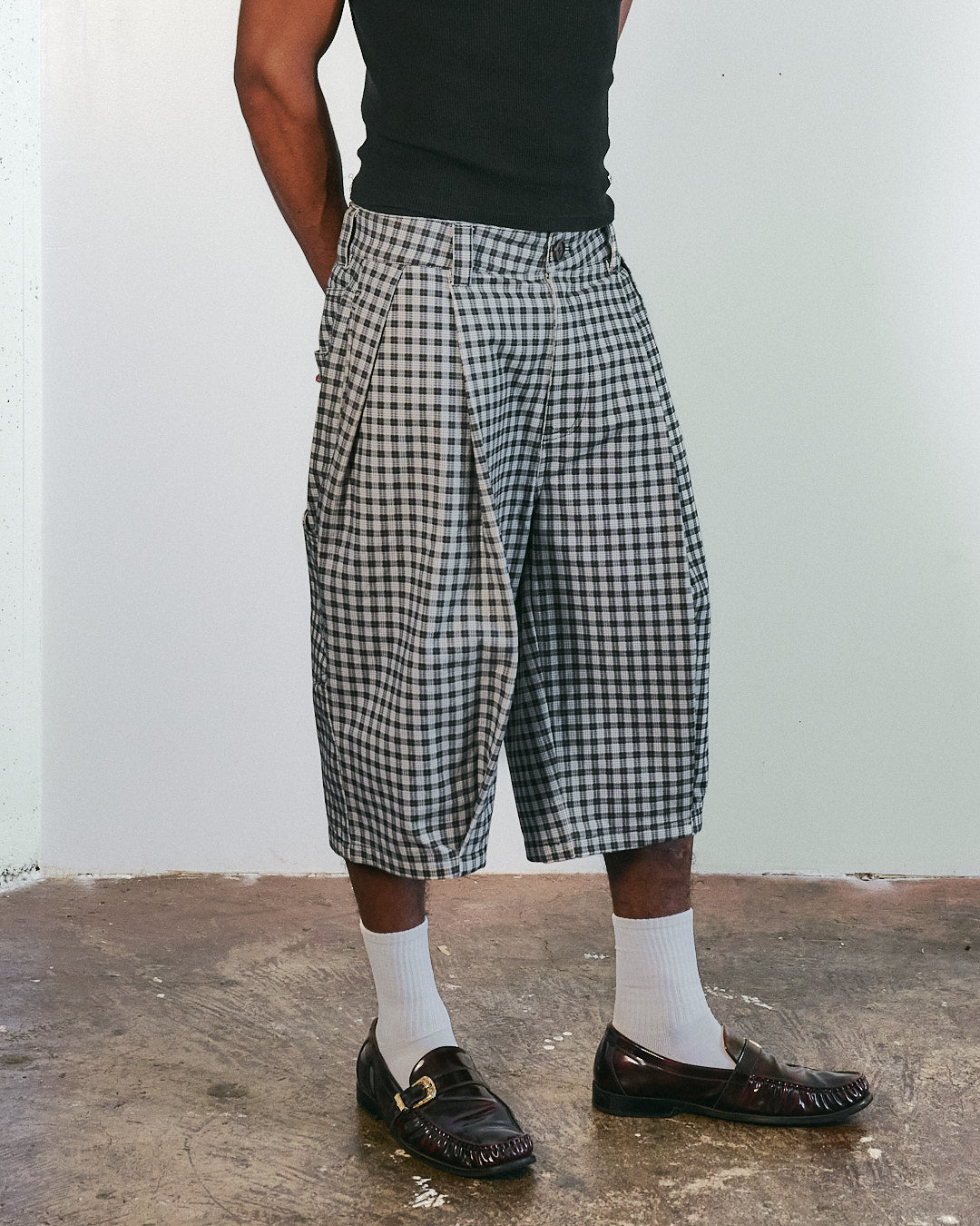 Midnight Canvas Pleated Plaid Denim Shorts
