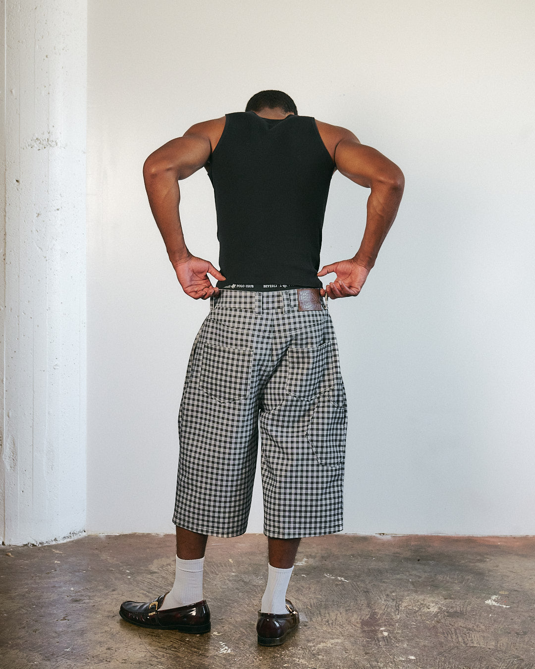 Midnight Canvas Pleated Plaid Denim Shorts