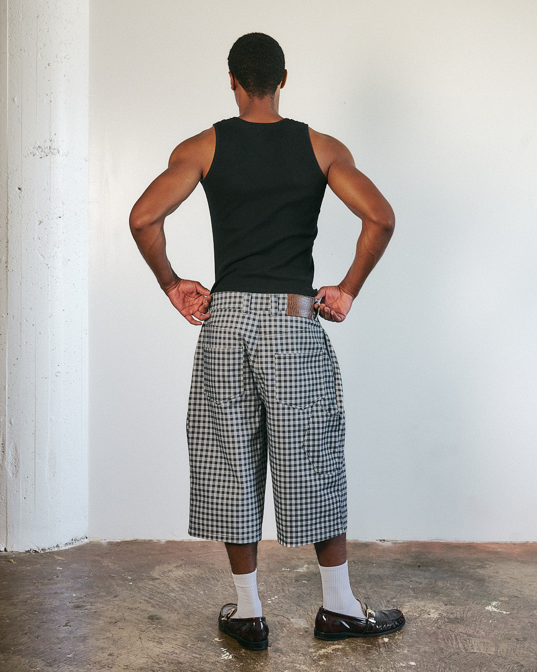 Midnight Canvas Pleated Plaid Denim Shorts