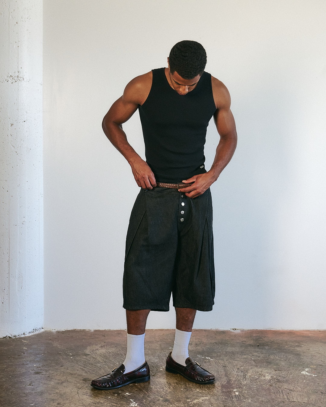 V3 Pleated Raw Selvedge Japanese Denim Shorts Black