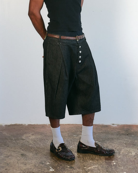 V3 Pleated Raw Selvedge Japanese Denim Shorts Black